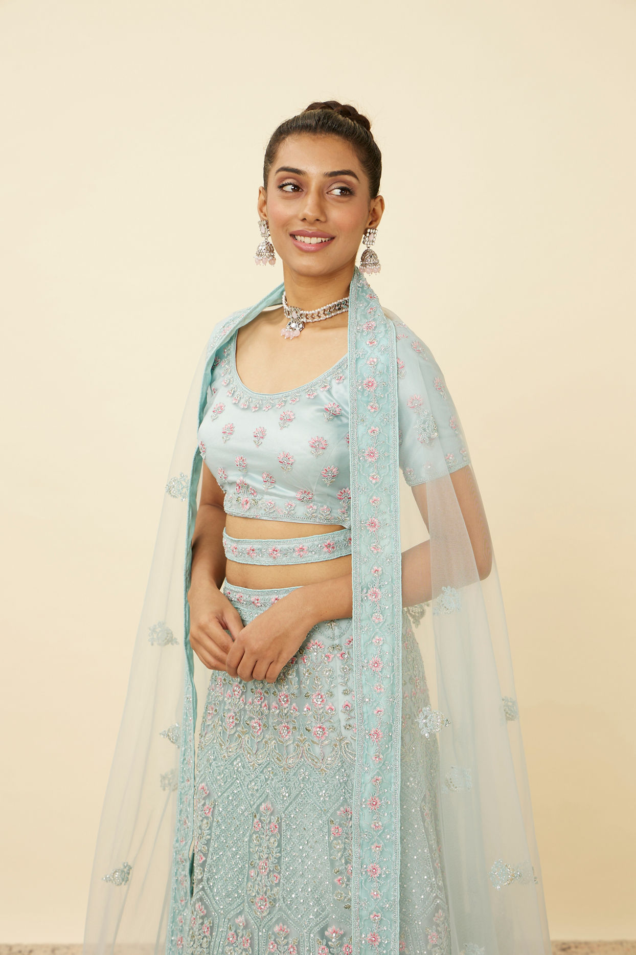 Tropical Blue Floral Patterned Lehenga image number 1